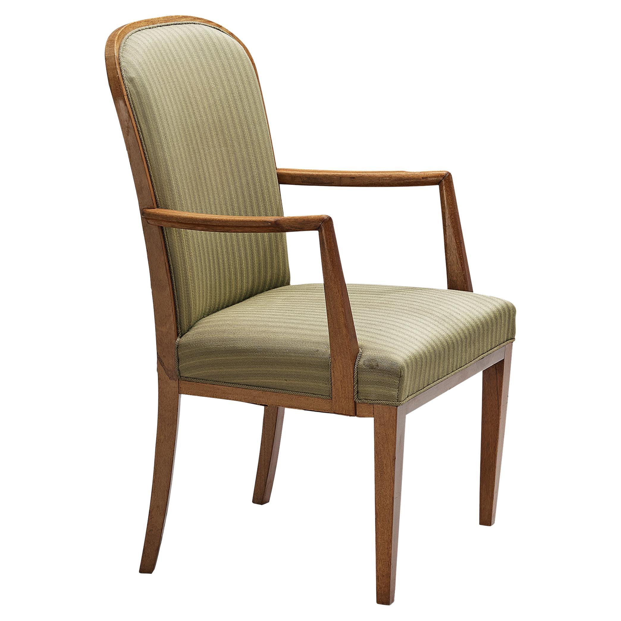 Scandinavian High Back Chair in Oak and Green Striped Upholstery  For Sale