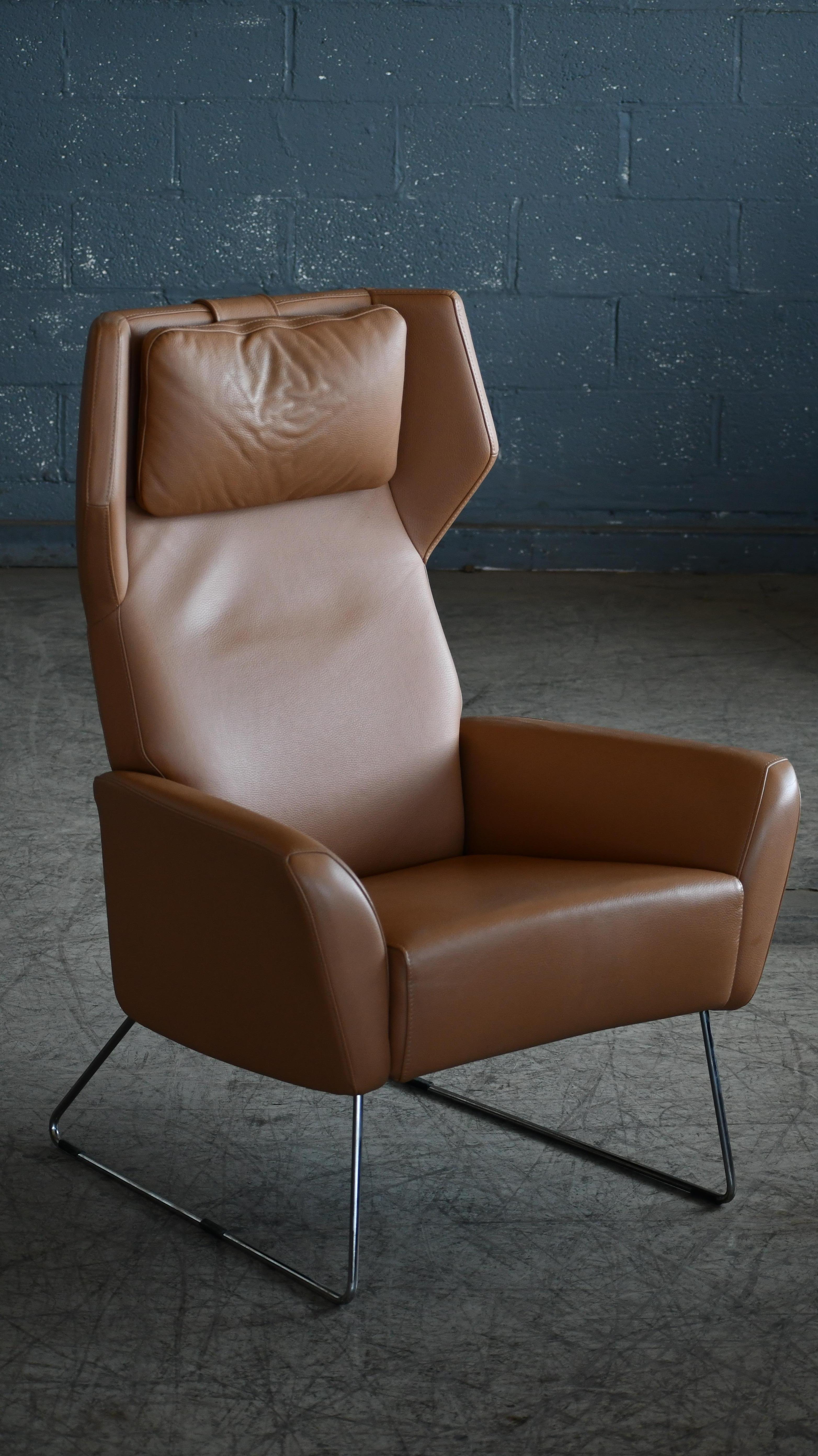 Swedish Scandinavian Highback Leather Chair with Ottoman in Beige Leather by Swedese  For Sale