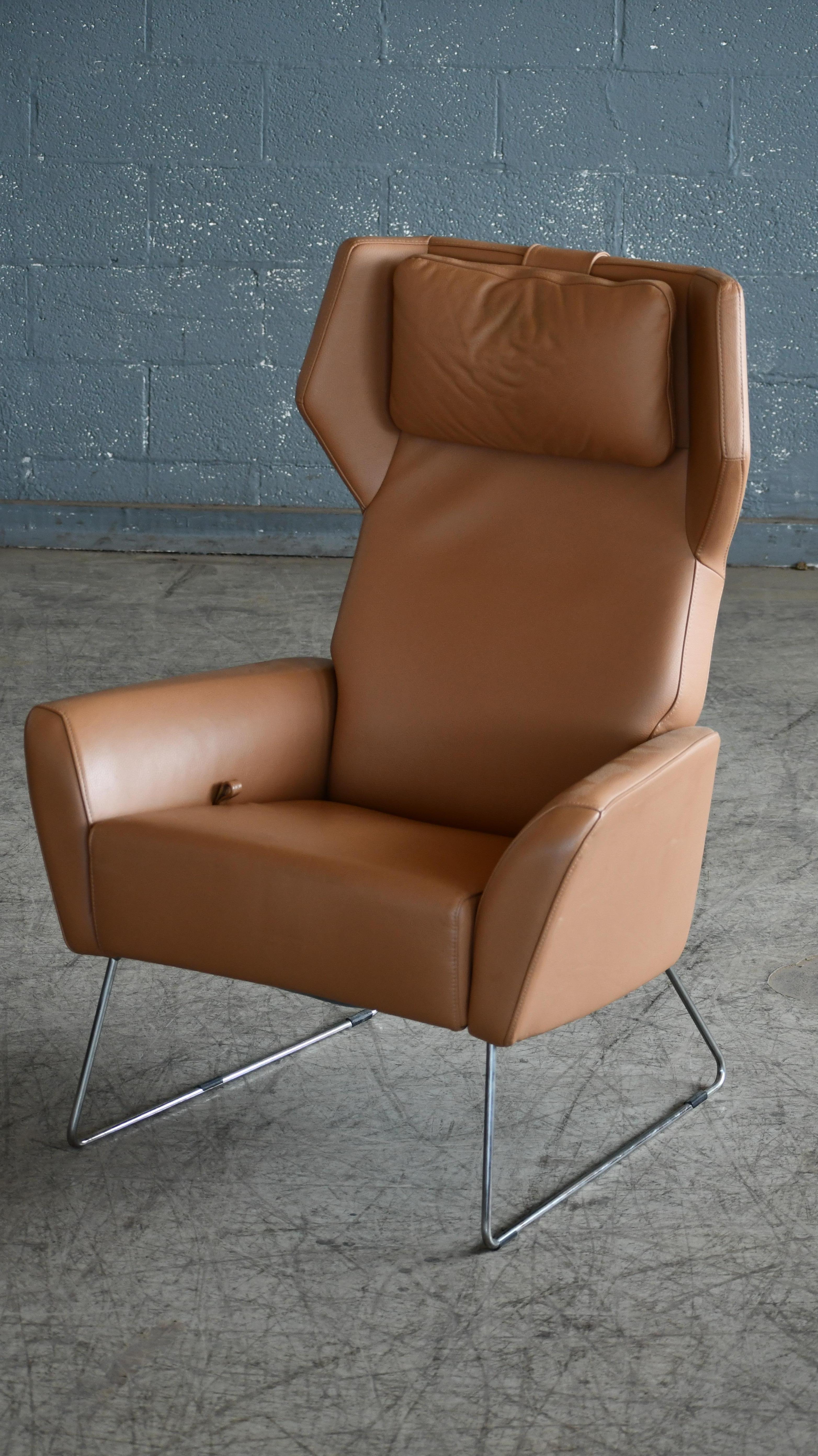 Contemporary Scandinavian Highback Leather Chair with Ottoman in Beige Leather by Swedese  For Sale