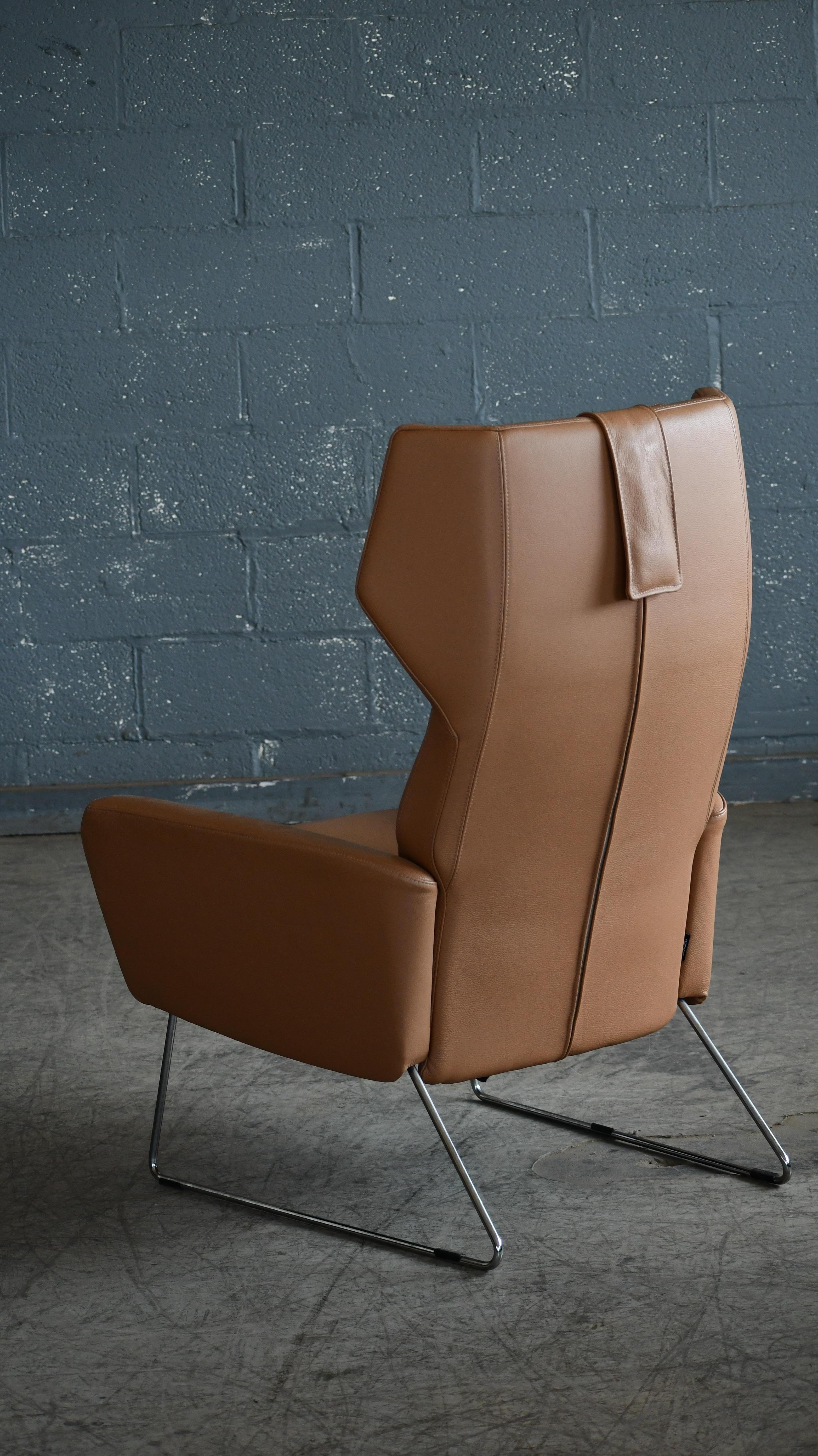 Scandinavian Highback Leather Chair with Ottoman in Beige Leather by Swedese For Sale 2