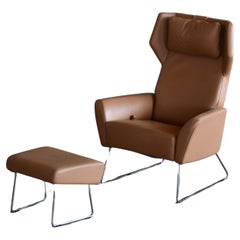 Scandinavian Highback Leather Chair with Ottoman in Beige Leather by Swedese 