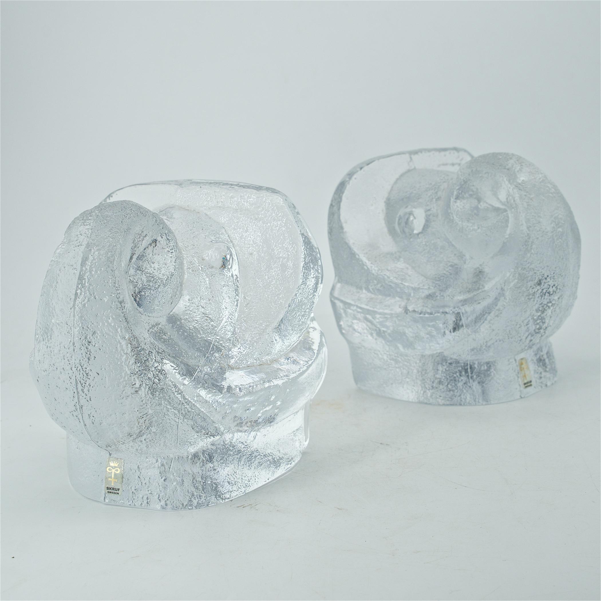 Scandinavian Modern 1960s Artic Ice Art Glass Sculpture Elephant Bookends Lars Hellsten Orrefors For Sale