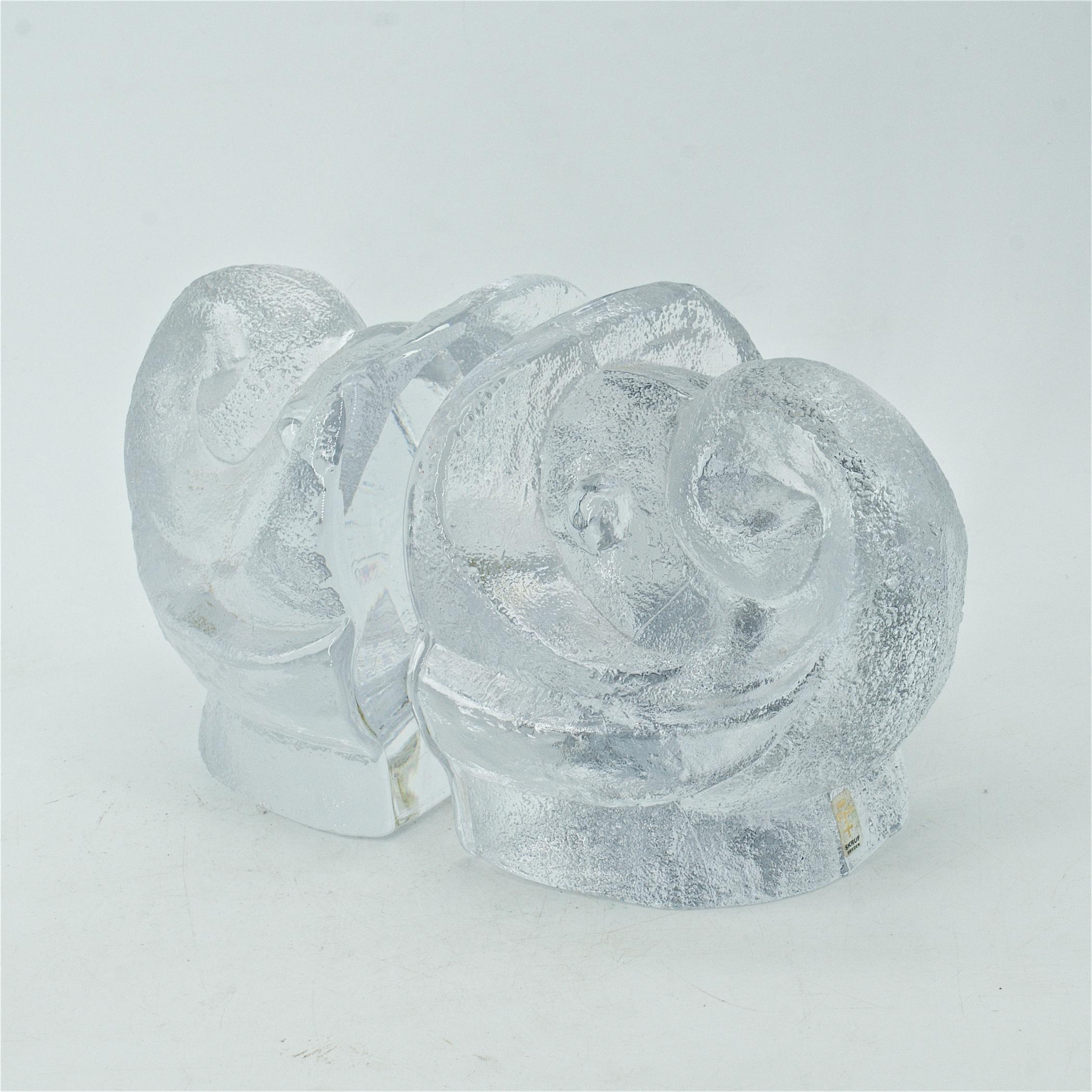 Swedish 1960s Artic Ice Art Glass Sculpture Elephant Bookends Lars Hellsten Orrefors For Sale
