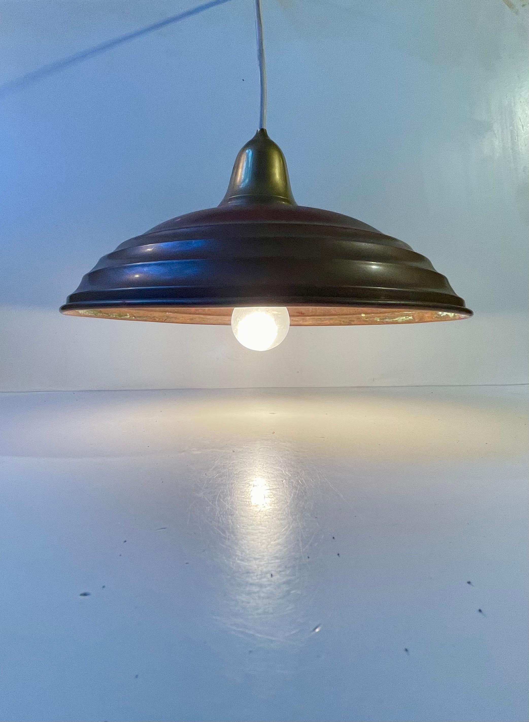 European Scandinavian Industrial Bauhaus Pendant Light in Patinated Copper & Brass, 1930s For Sale