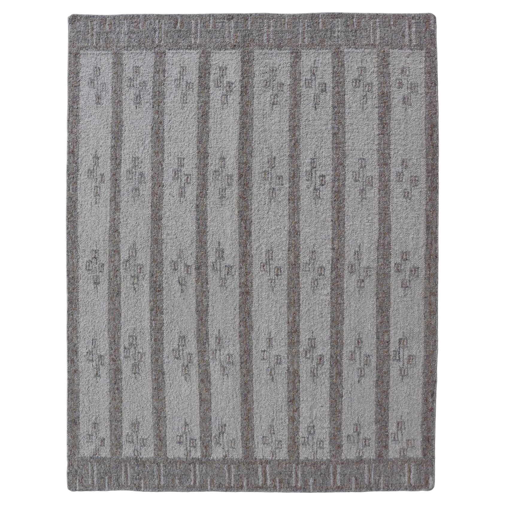 Scandinavian Inspired Design Rug Hand Woven in Light Blue, Tan and Gray Colors