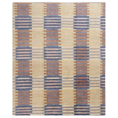 Scandinavian Inspired Hand Knotted Geometric Blue and Pink Wool Rug