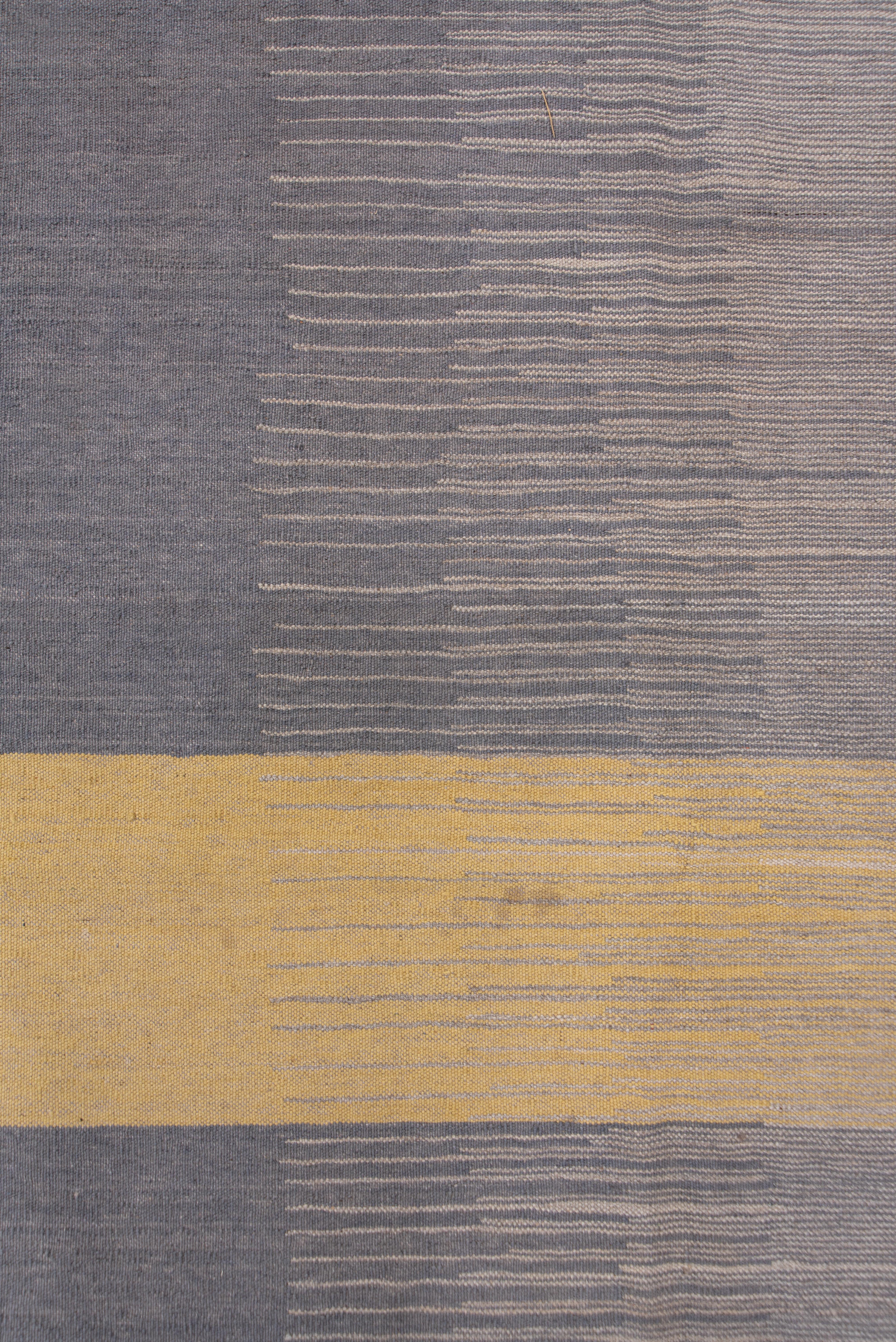 Hand-Woven Scandinavian Inspired Modern Flatweave Rug, Grays, Yellow & Blue Tones For Sale