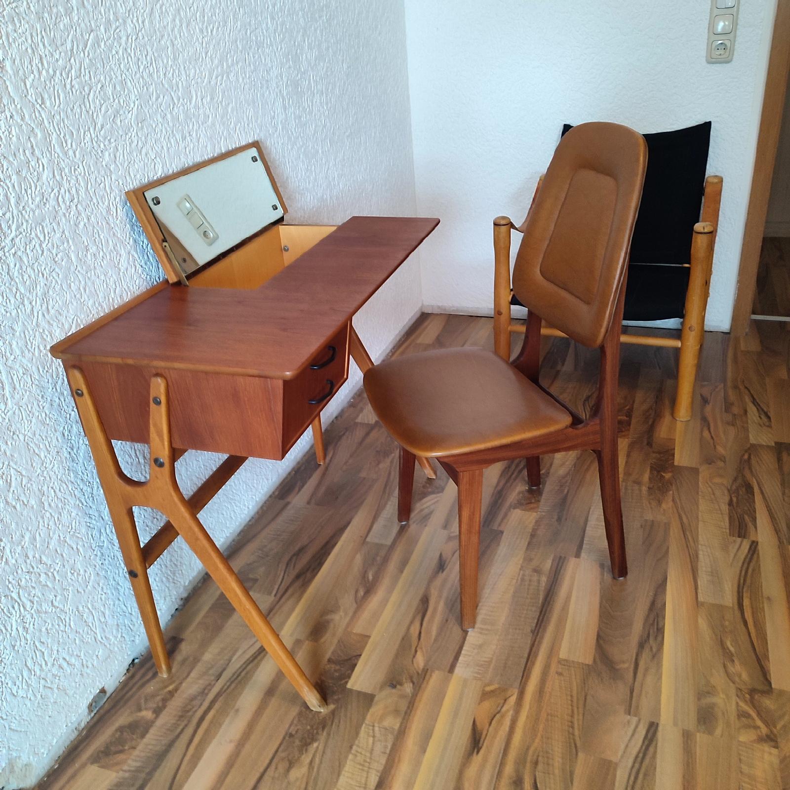 Faux Leather Scandinavian Lady Desk with Vanity Mirror and Chair by Sörheim Bruk, Norway