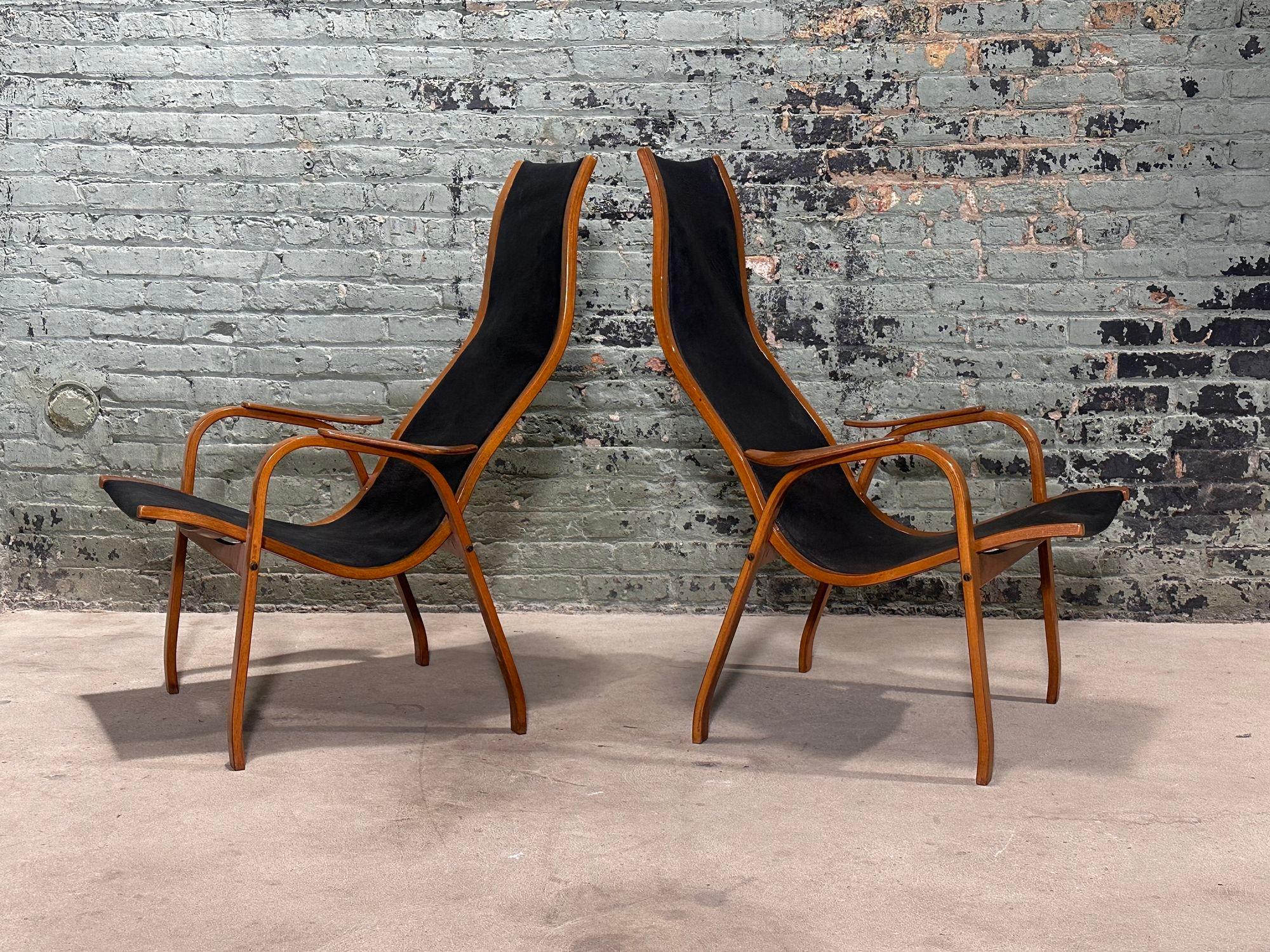 Mid-Century Modern Scandinavian Lamino Leather Lounge Chairs by Yngve Ekstrom for Swedese, 1950 For Sale