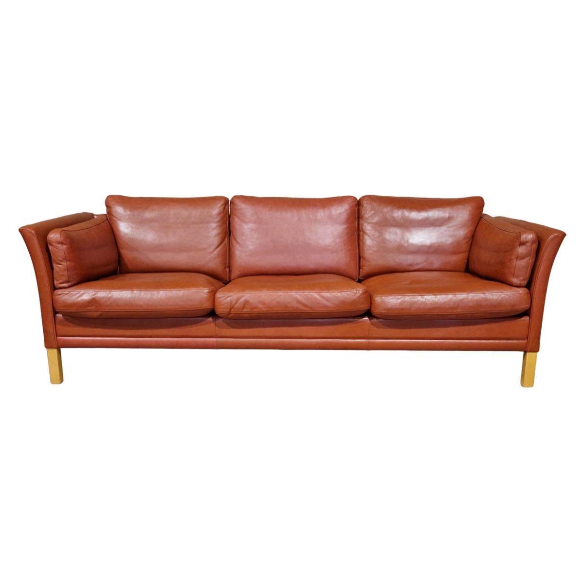 Leather Scandinavian large 3-seater leather sofa, Denmark For Sale