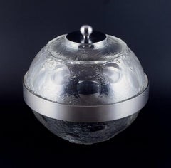 Scandinavian, large serving bowl in clear frosted art glass and stainless steel.