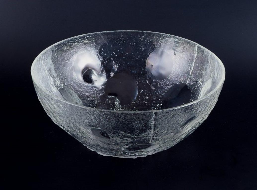 Stainless Steel Scandinavian, large serving bowl in clear frosted art glass and stainless steel. For Sale