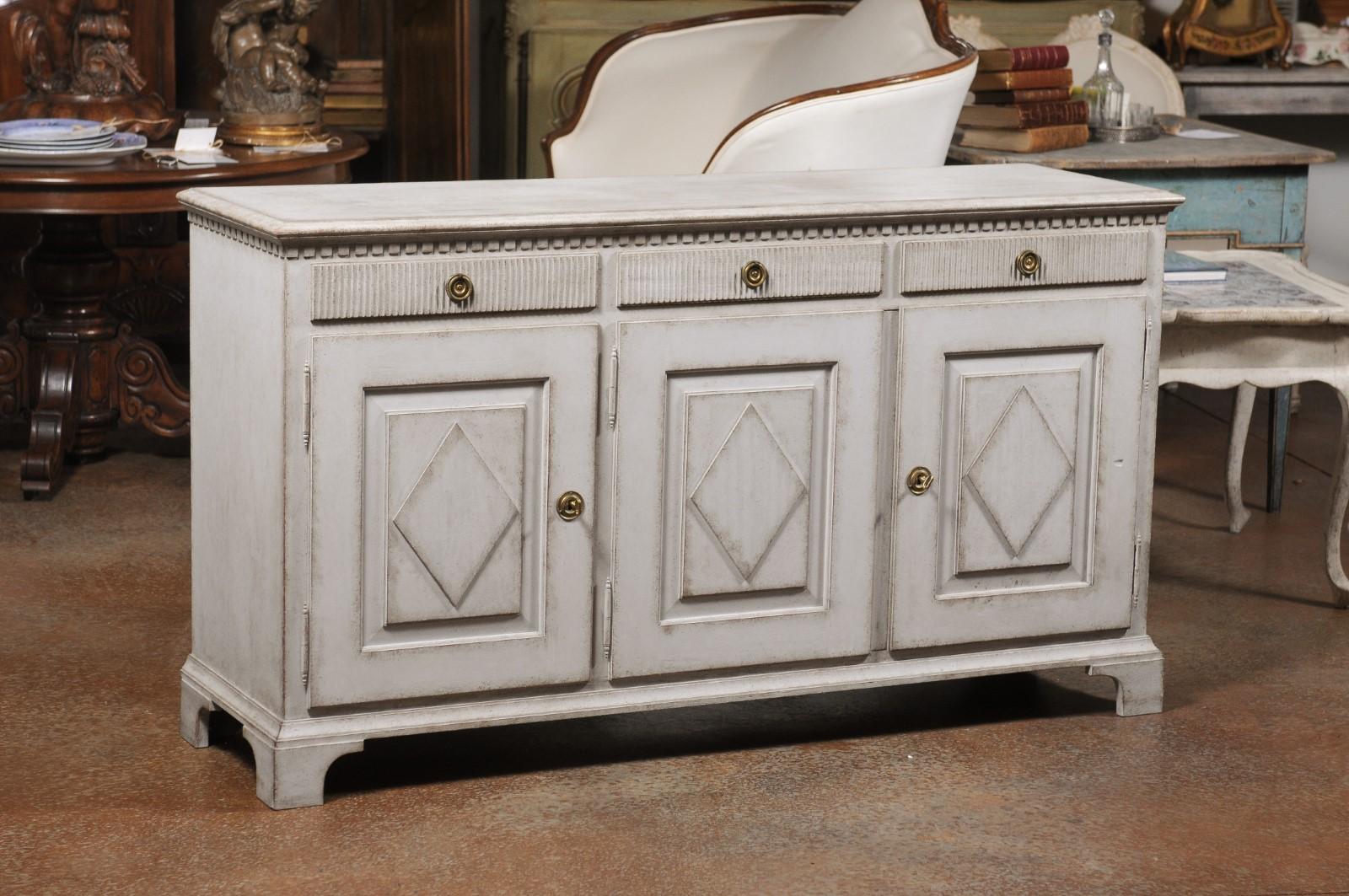 Scandinavian Late Gustavian Style Painted Wood Sideboard with Diamond Motifs In Good Condition In Atlanta, GA