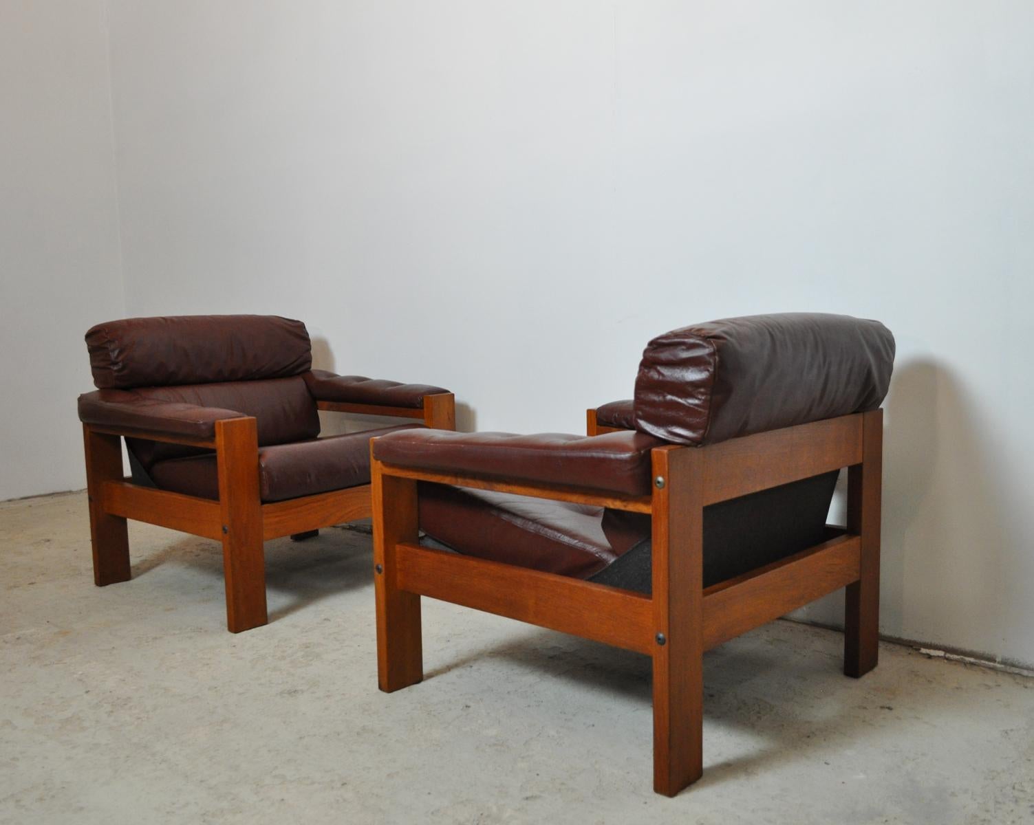 Scandinavian Leather and Oak Lounge Chairs, 1970s 5