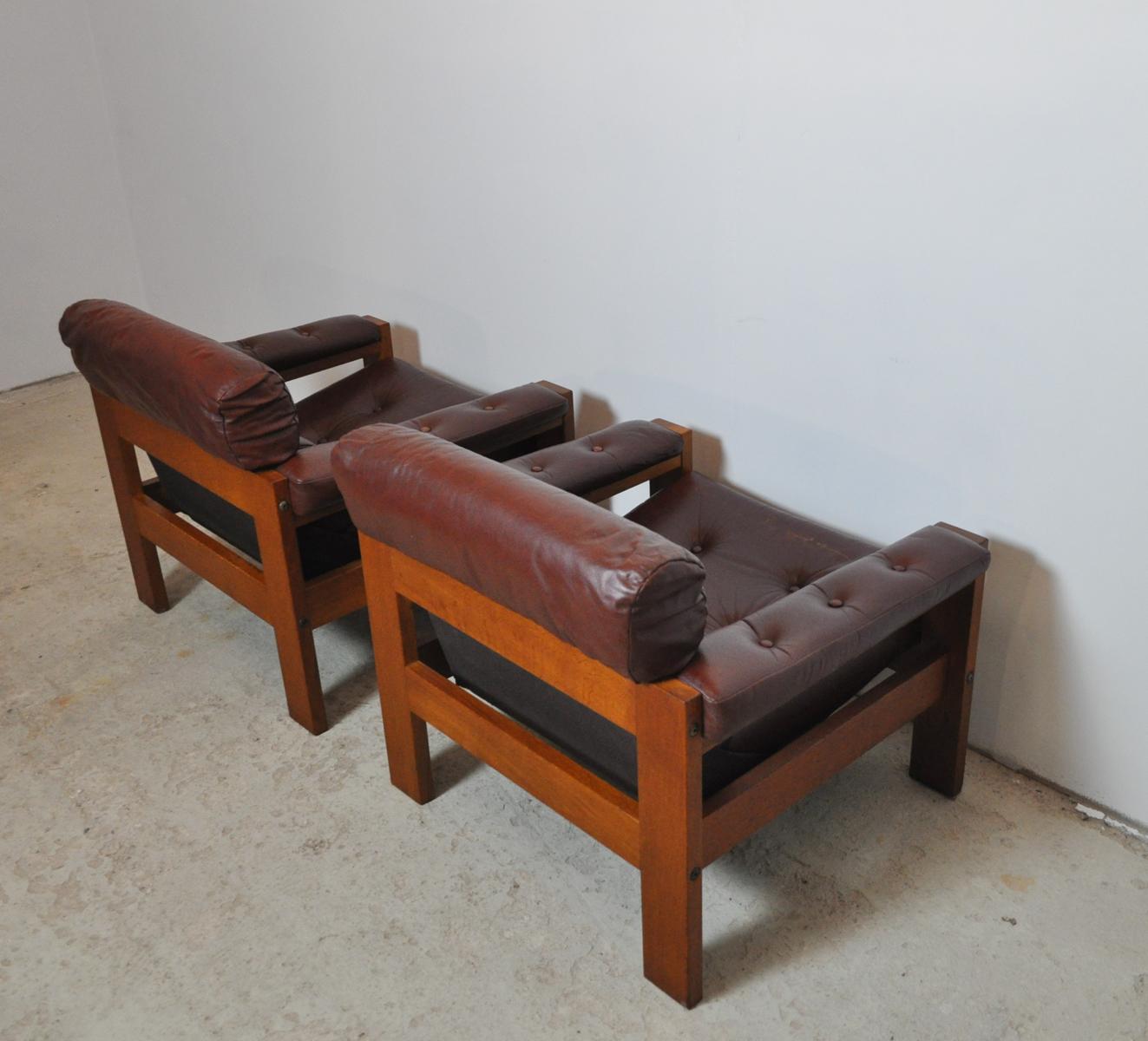 Scandinavian Leather and Oak Lounge Chairs, 1970s 7