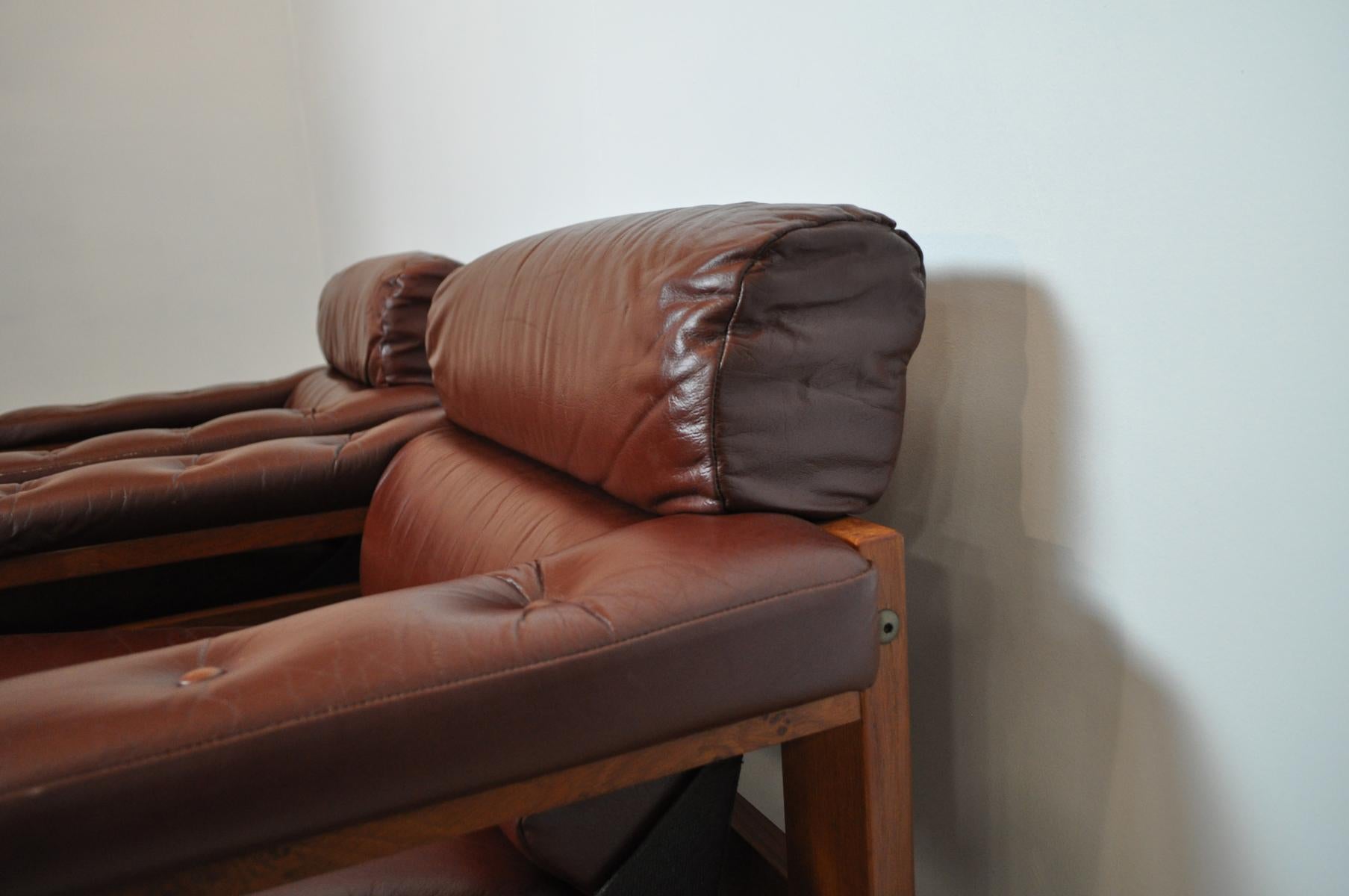 Scandinavian Leather and Oak Lounge Chairs, 1970s 8