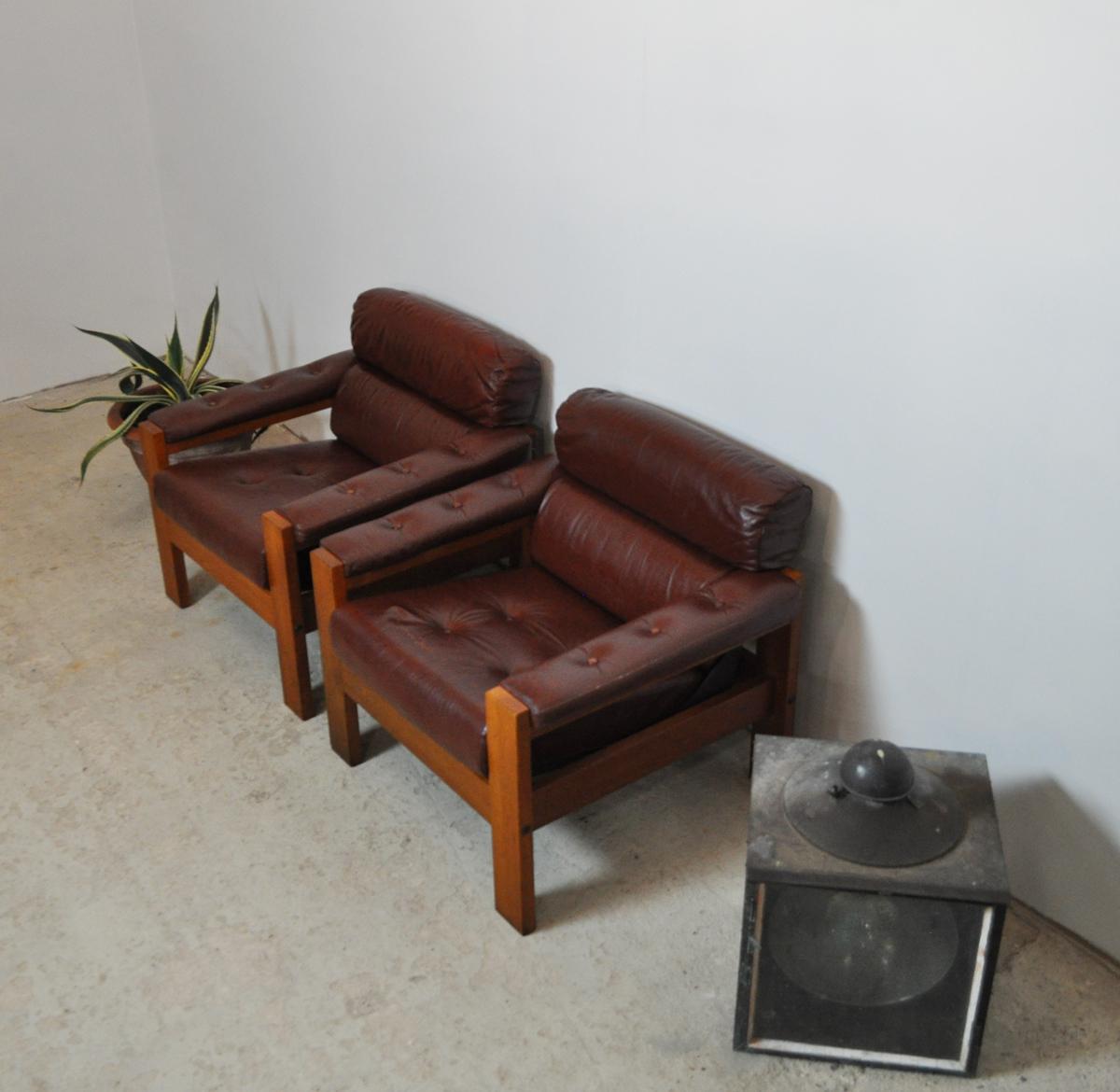 Danish Scandinavian Leather and Oak Lounge Chairs, 1970s