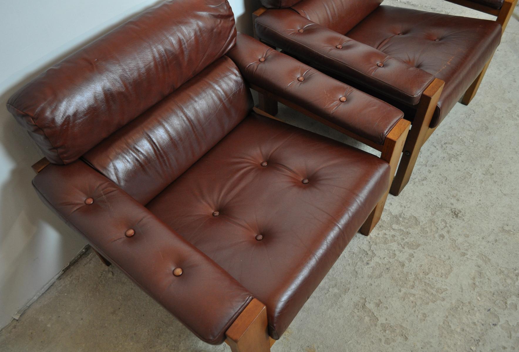 Late 20th Century Scandinavian Leather and Oak Lounge Chairs, 1970s