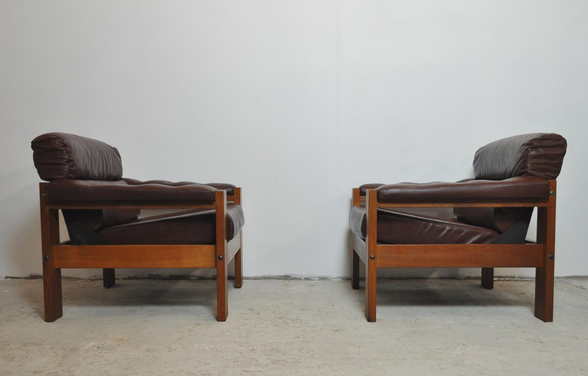 Scandinavian Leather and Oak Lounge Chairs, 1970s 2