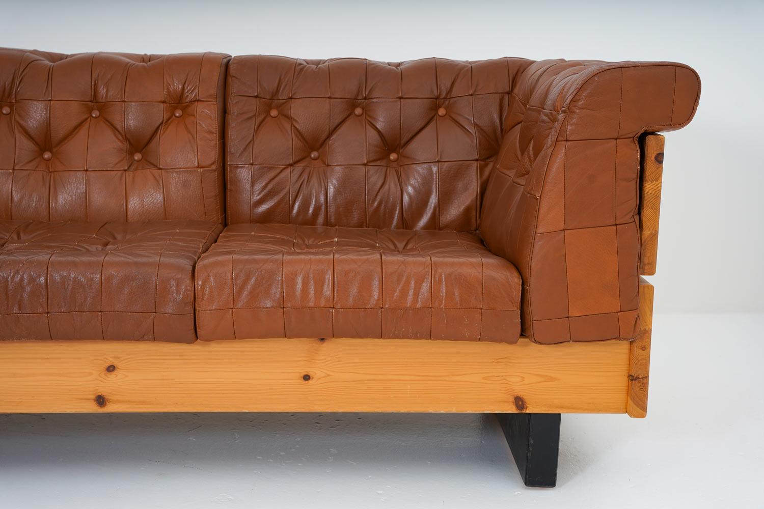 Scandinavian Leather and Pine Sofa 