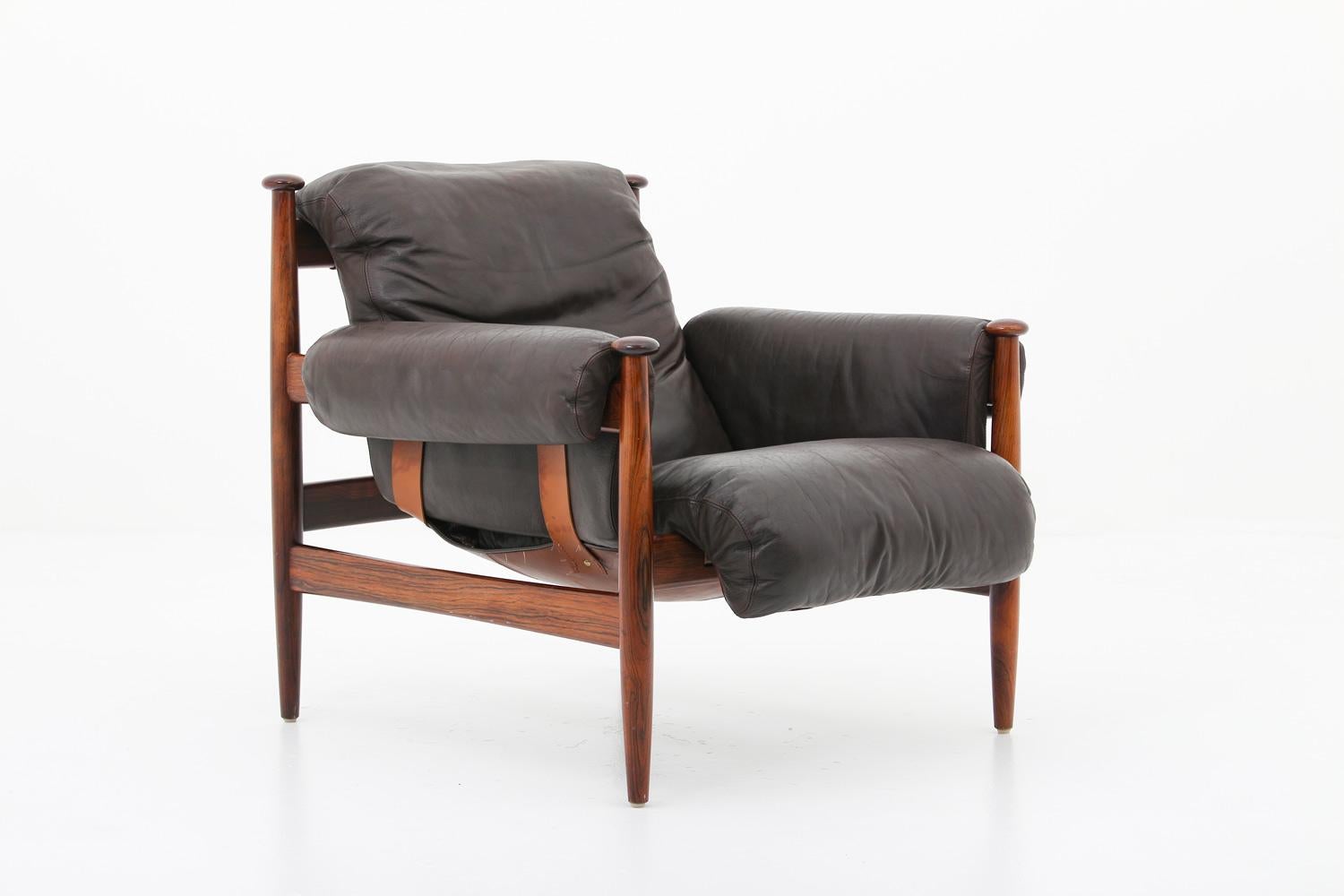 Swedish Scandinavian Leather and Rosewood Lounge Chair 