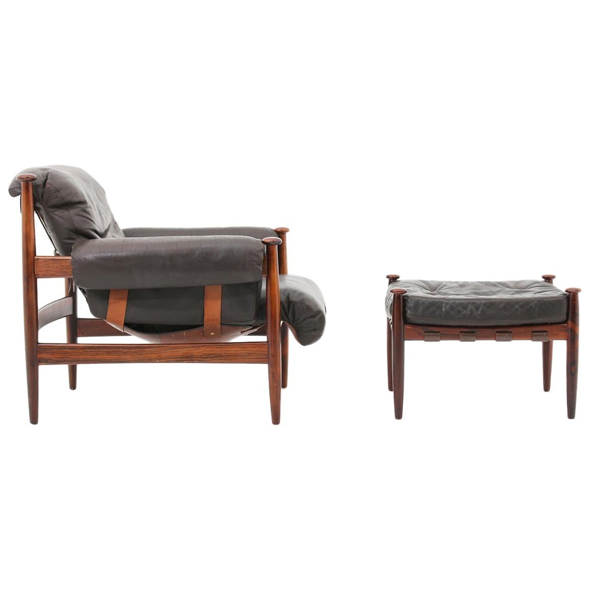 Scandinavian Leather and Rosewood Lounge Chair "Amiral" by Eric Merthen