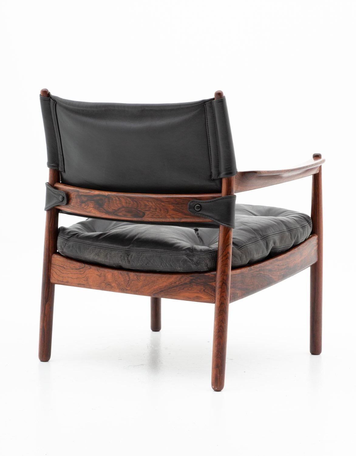 Swedish Scandinavian Leather and Rosewood Lounge Chairs by Gunnar Myrstrand, Sweden