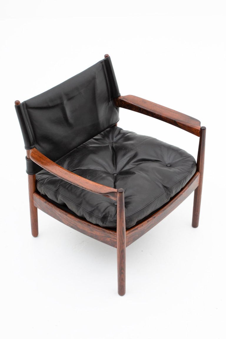 Scandinavian Leather and Rosewood Lounge Chairs by Gunnar Myrstrand, Sweden For Sale 2