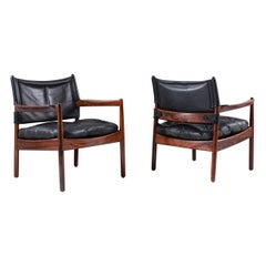 Scandinavian Leather and Rosewood Lounge Chairs by Gunnar Myrstrand, Sweden