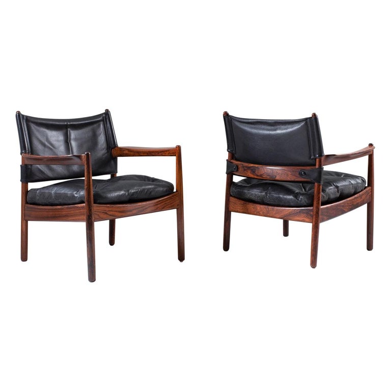 Scandinavian Leather and Rosewood Lounge Chairs by Gunnar Myrstrand, Sweden For Sale