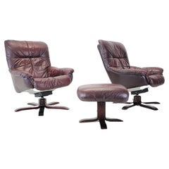 Scandinavian Leather Armchairs / Lounge Chairs, with Footres 1970s, Finland