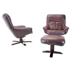 Scandinavian Leather Armchairs / Lounge Chairs, with Footres 1970s, Finland