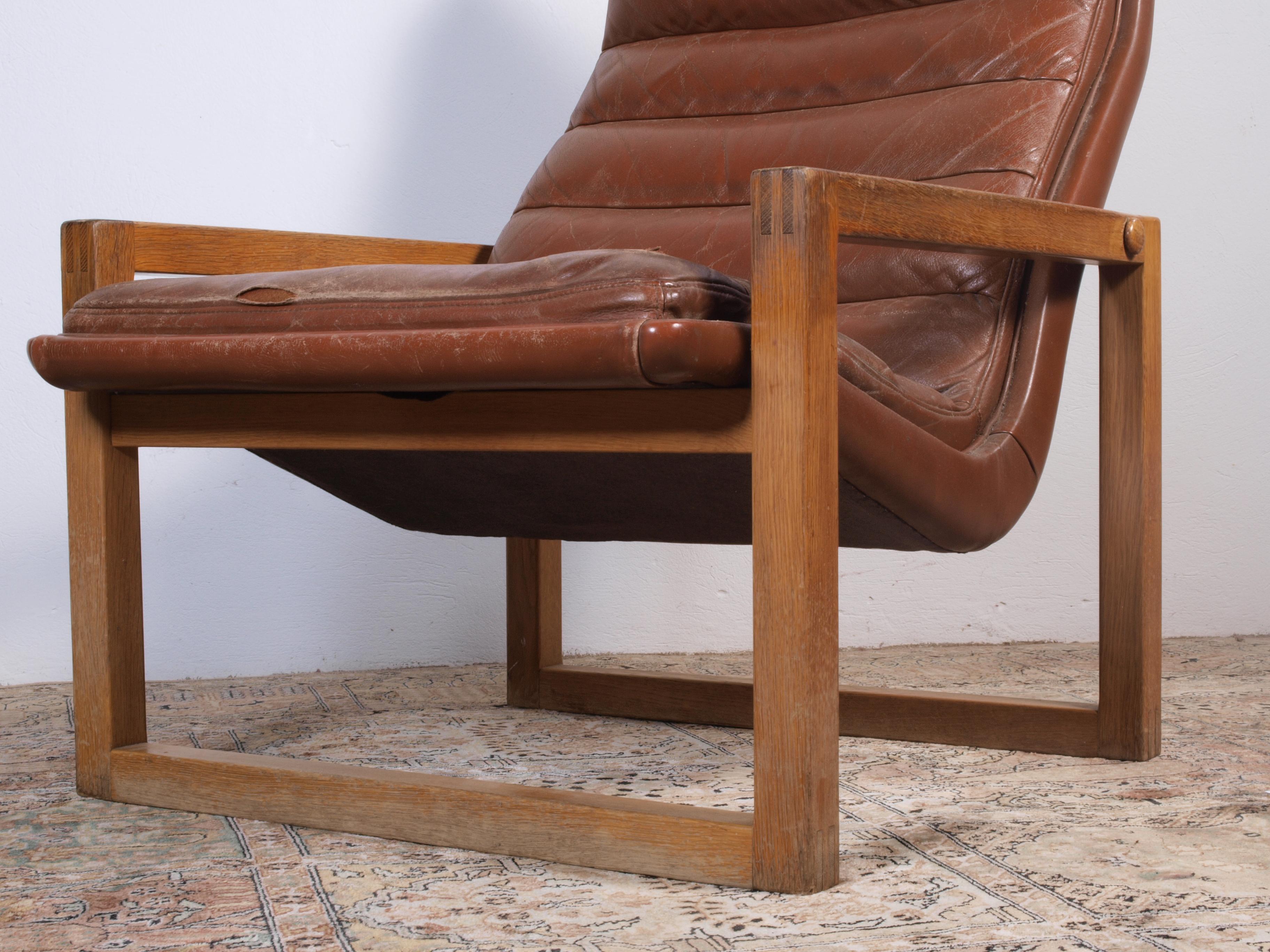 Scandinavian Leather Lounge Chair & Stool, 1960s 6