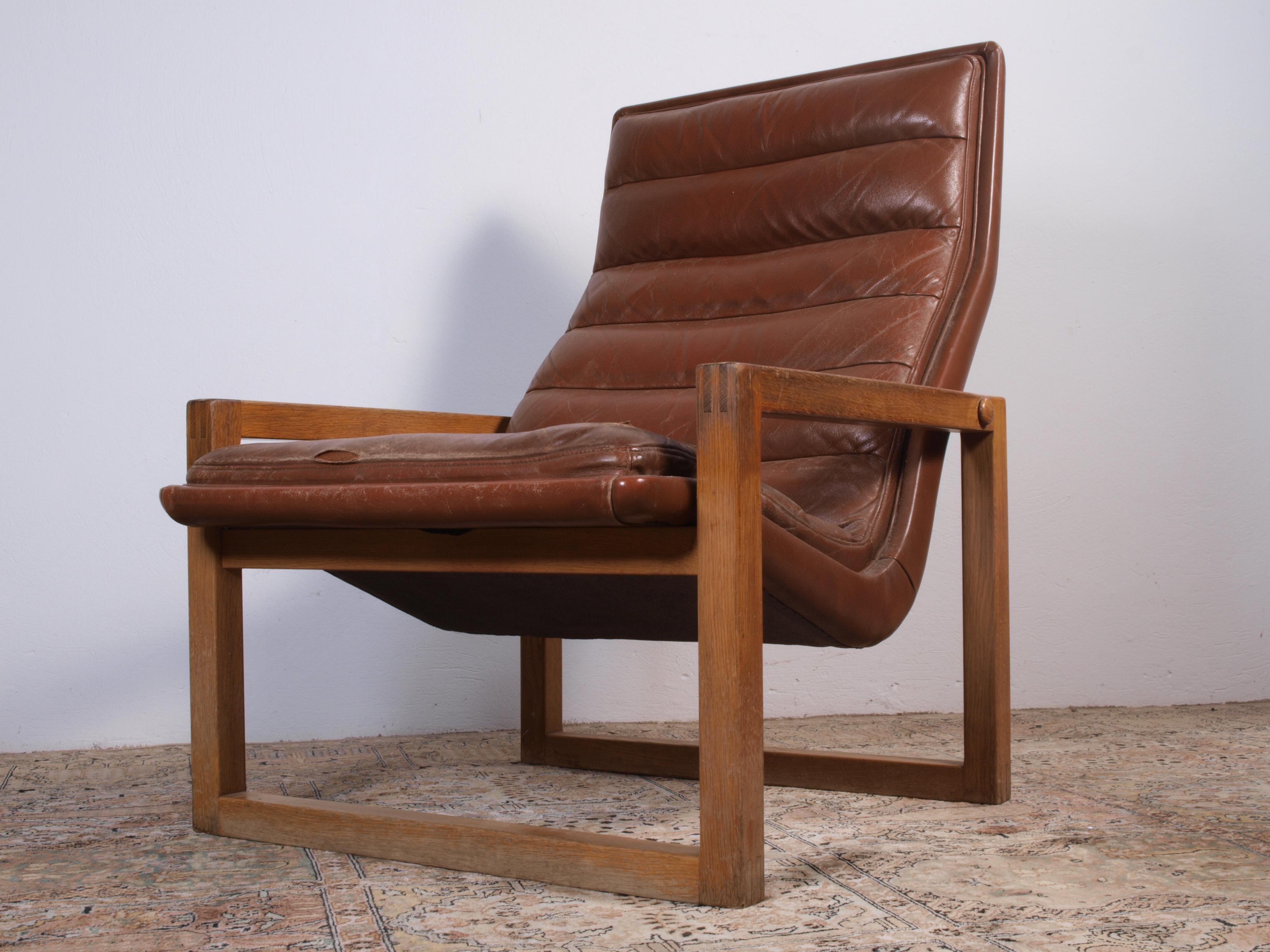 Scandinavian Leather Lounge Chair & Stool, 1960s 7