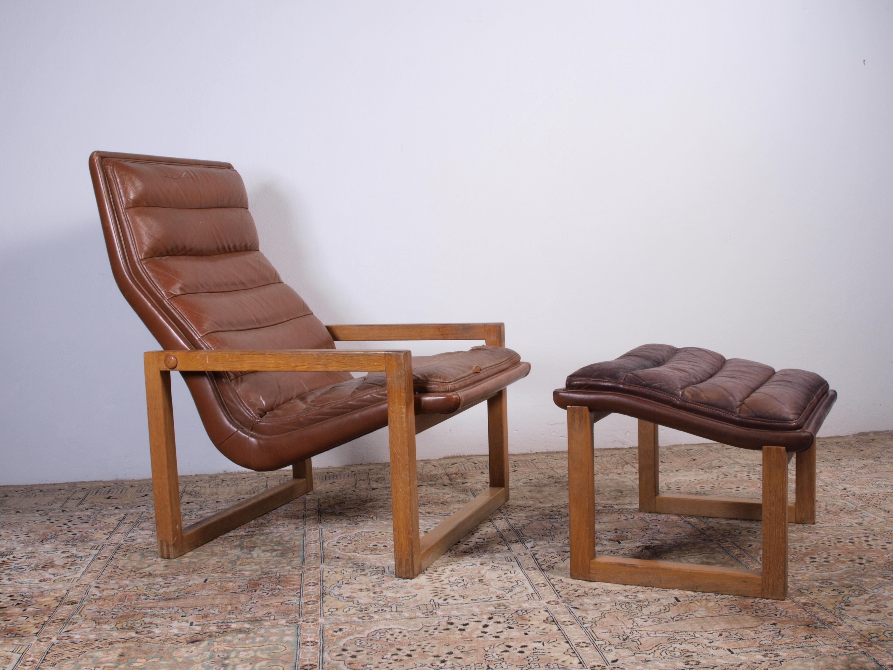 Mid-Century Modern Scandinavian Leather Lounge Chair & Stool, 1960s