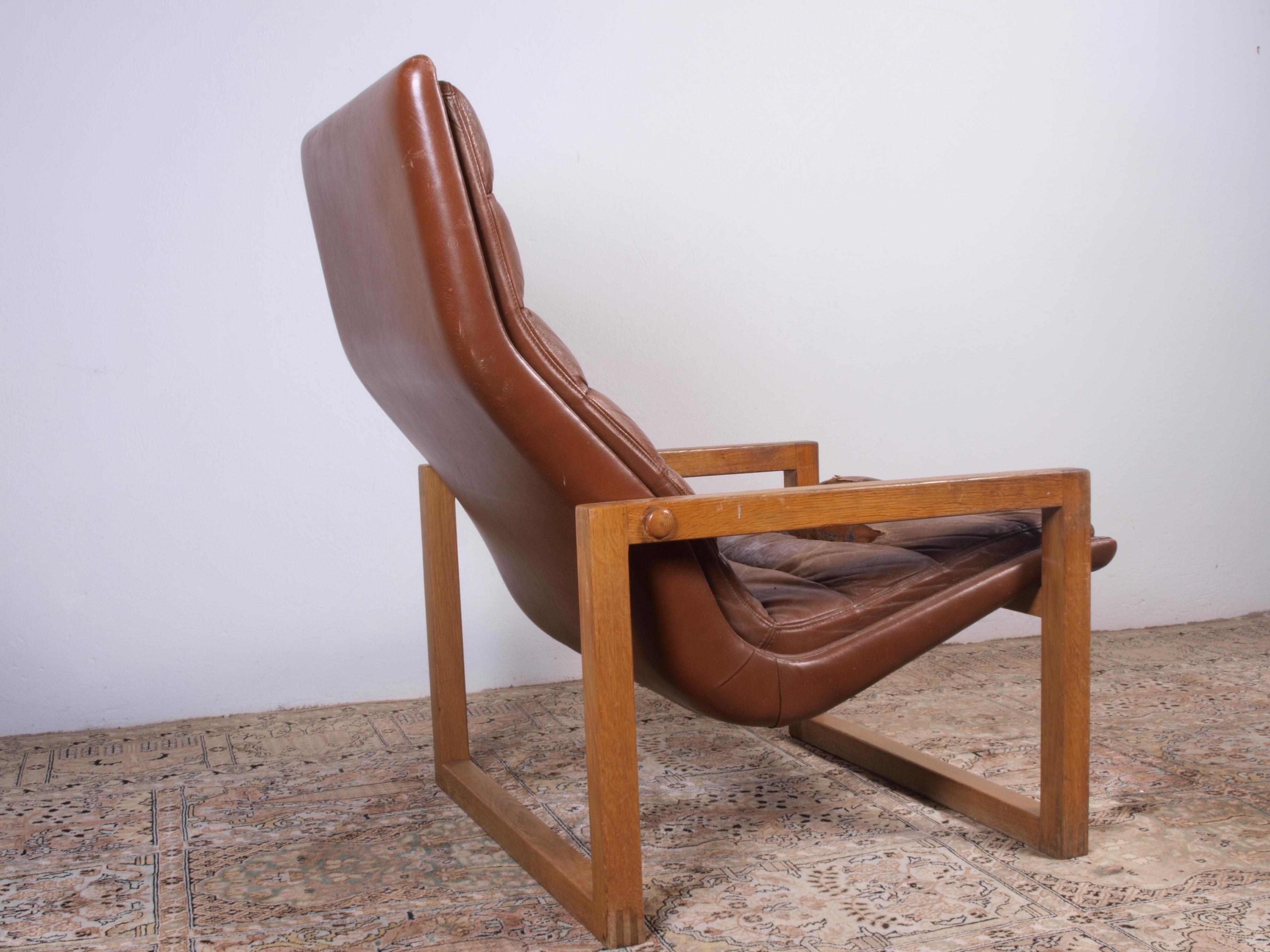 Mid-20th Century Scandinavian Leather Lounge Chair & Stool, 1960s