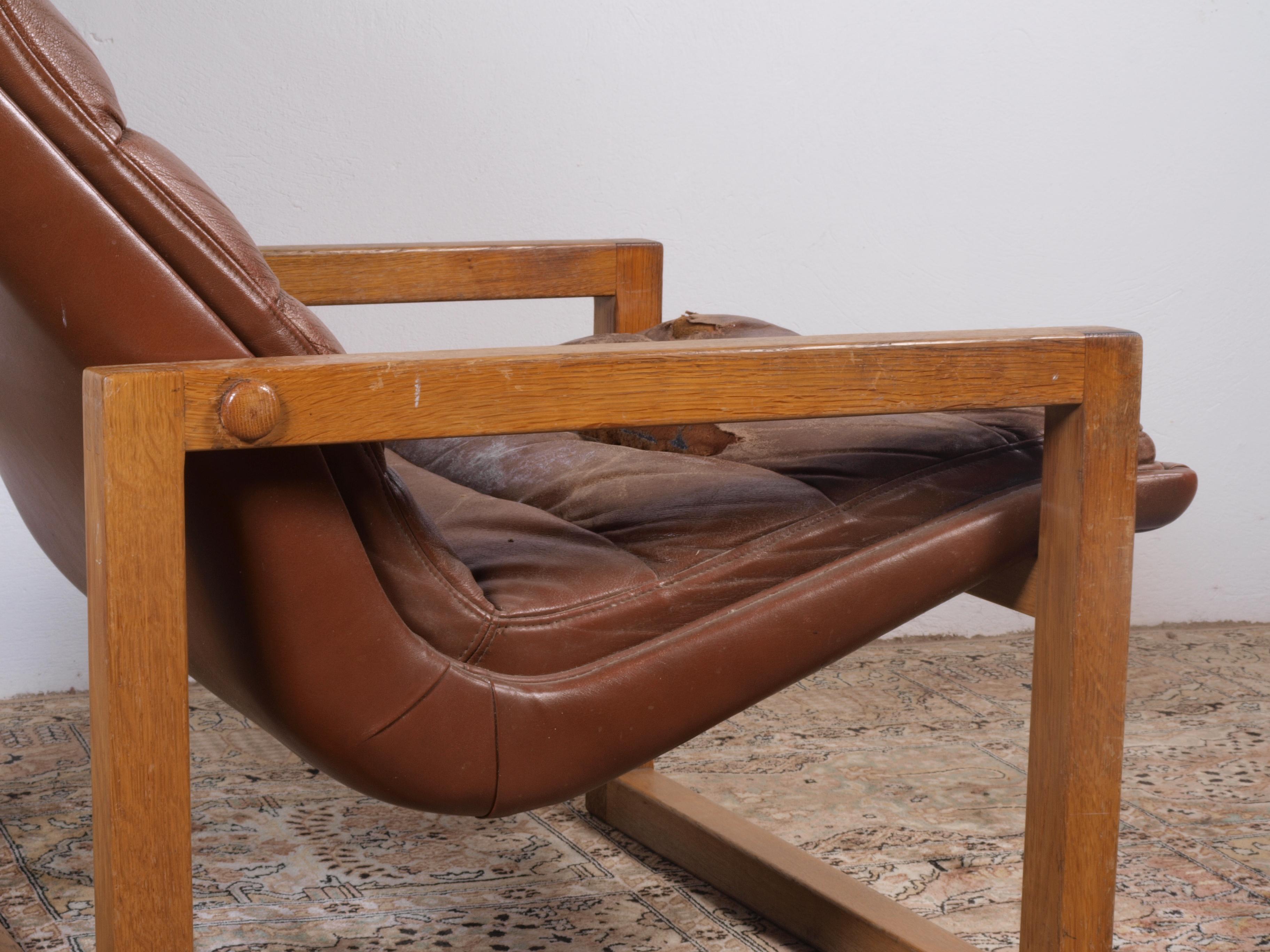 Scandinavian Leather Lounge Chair & Stool, 1960s 1