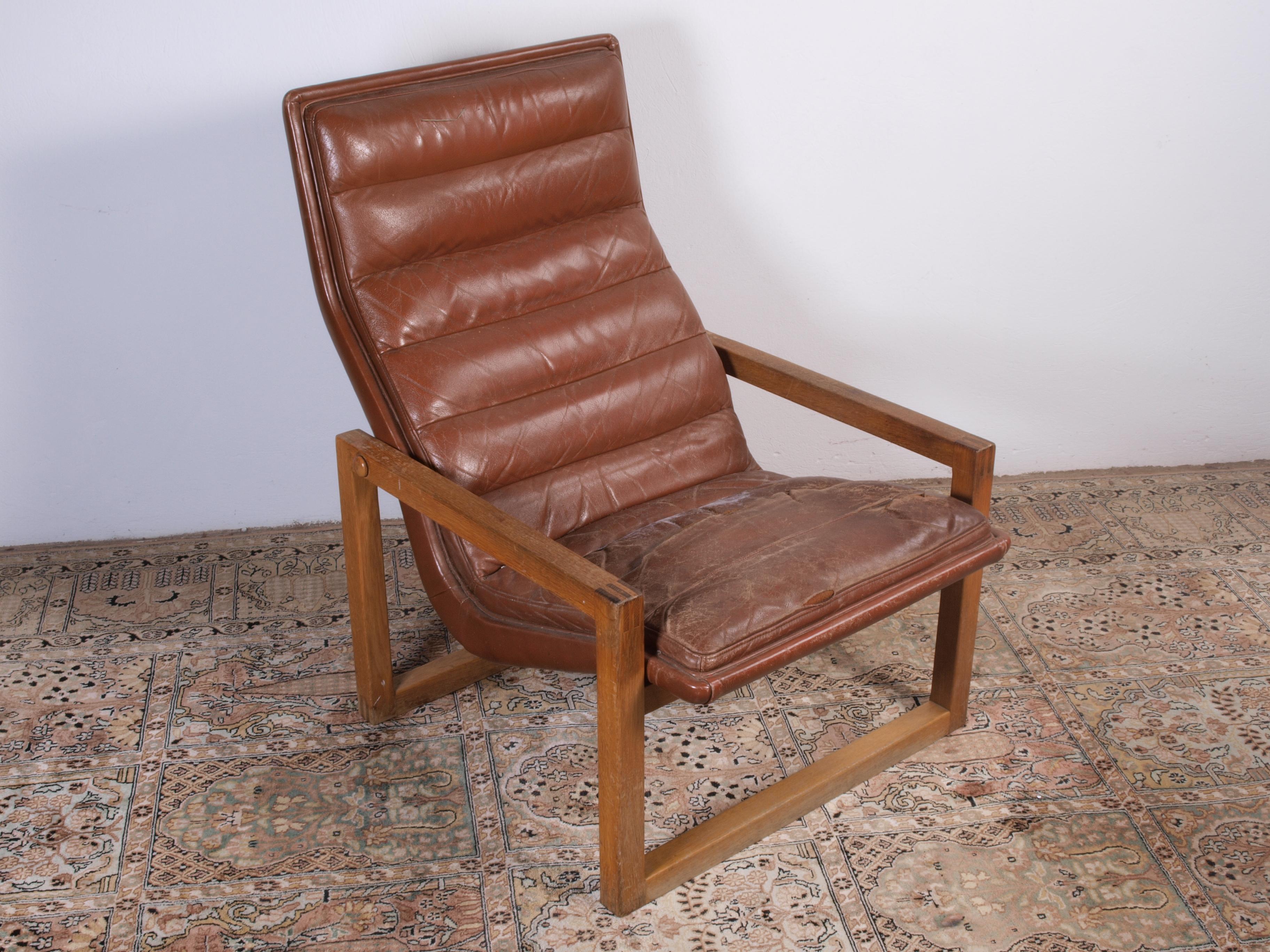 Scandinavian Leather Lounge Chair & Stool, 1960s 2