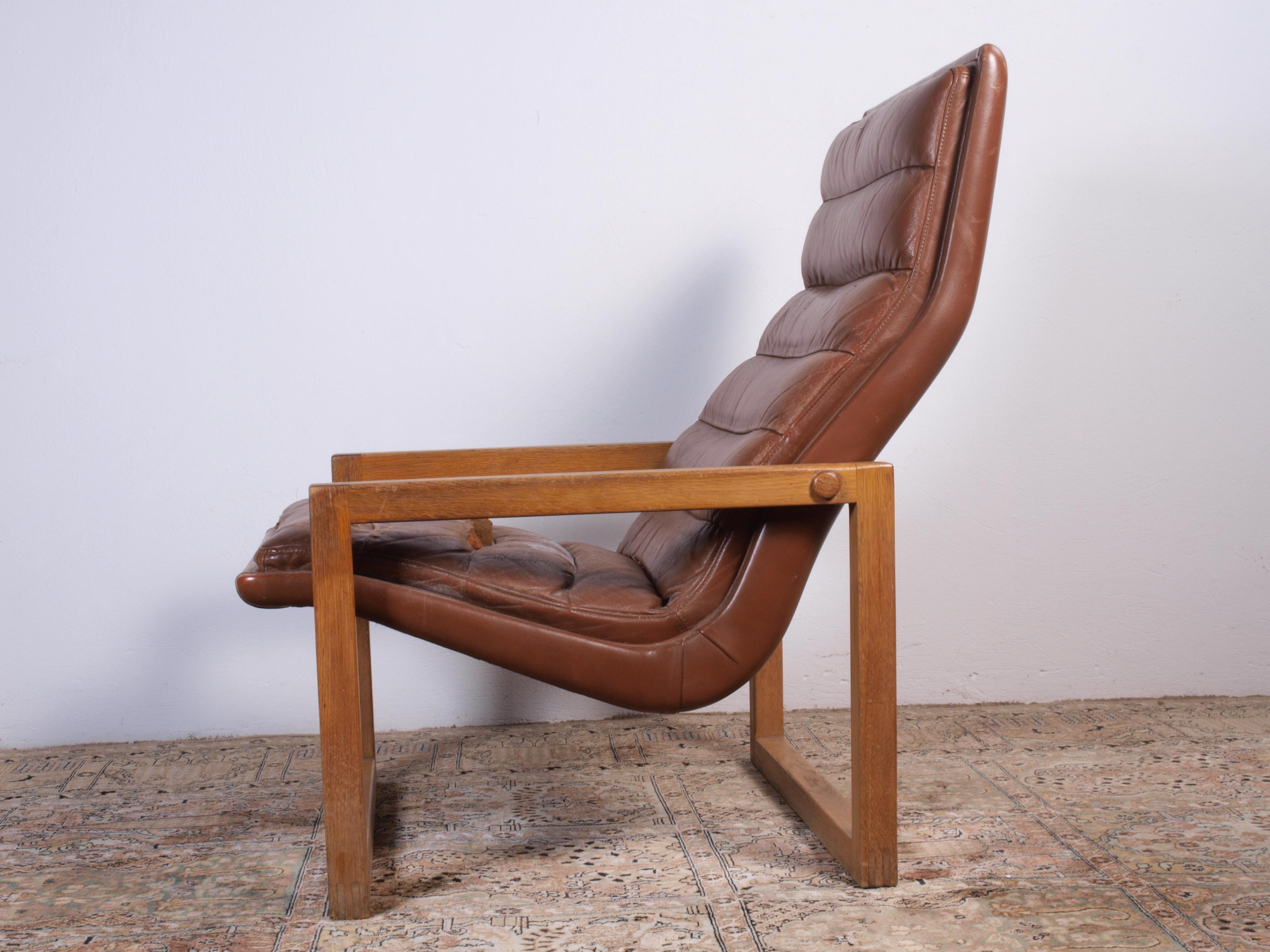 Scandinavian Leather Lounge Chair & Stool, 1960s 3