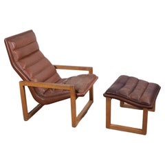 Scandinavian Leather Lounge Chair & Stool, 1960s