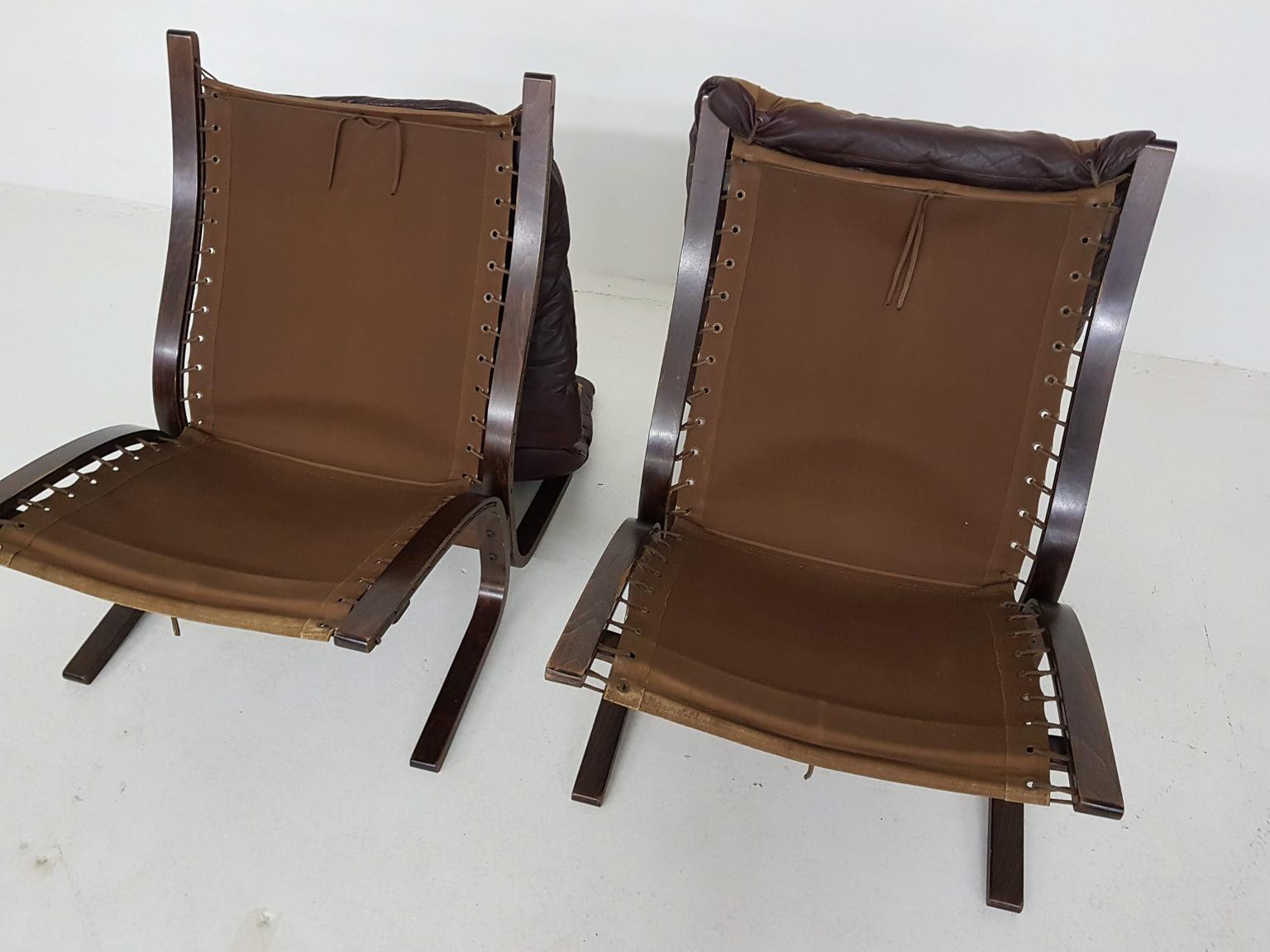 Scandinavian Leather Lounge Chairs by Ingmar Relling for Westnofa, Norway, 1960s 3