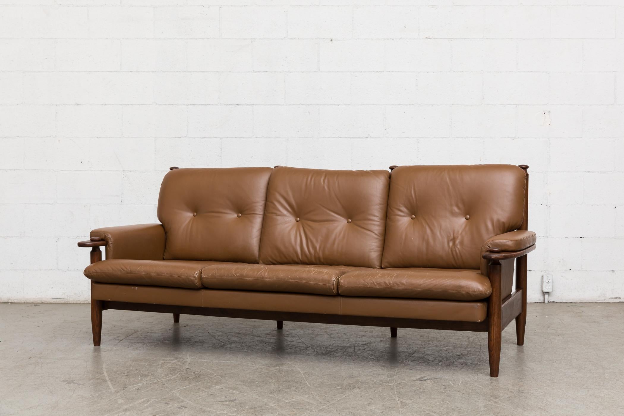 Mid-Century Modern Scandinavian Leather Sofa with Leather Strap Supports