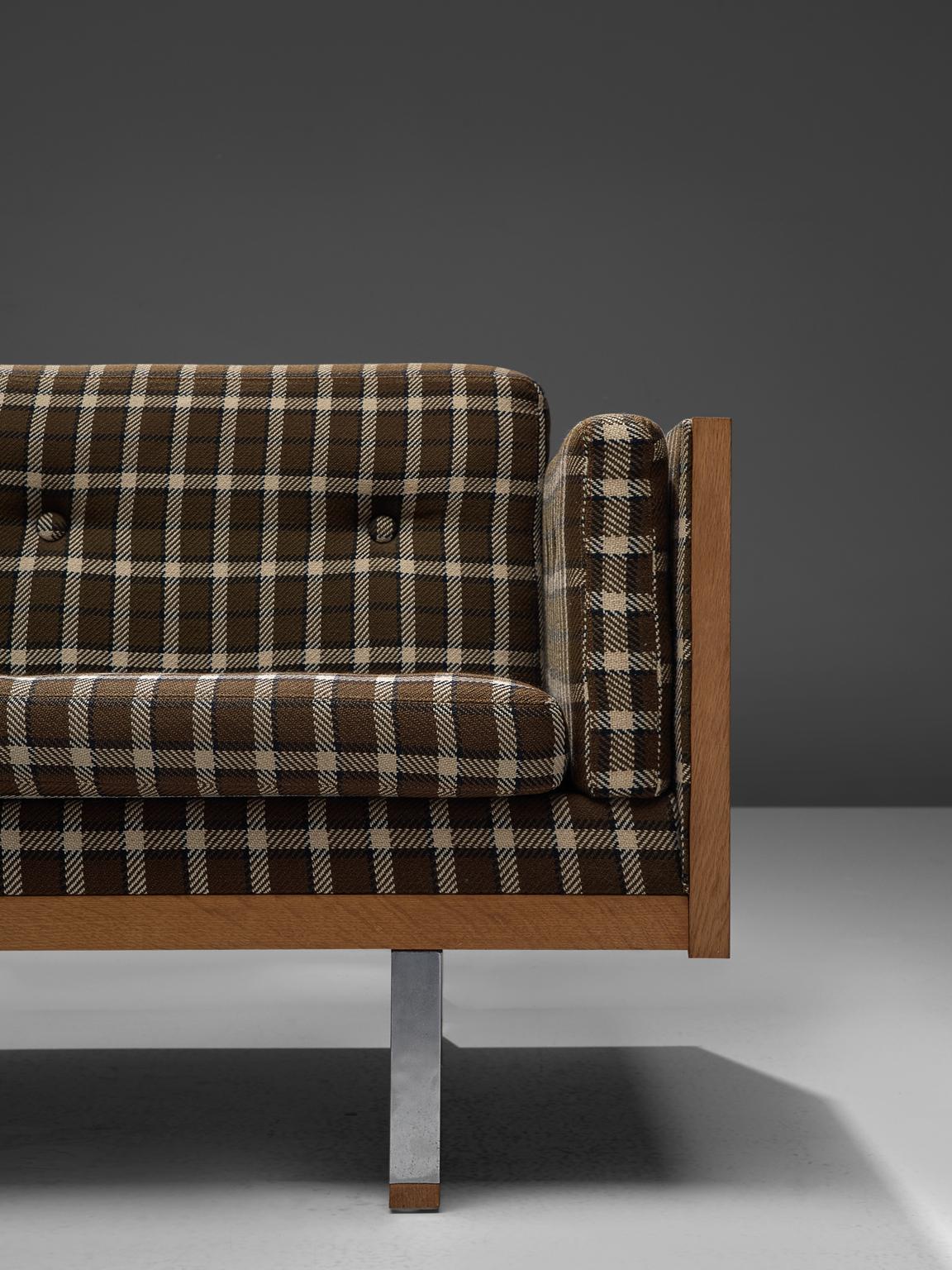Metal Scandinavian Living Room Set in Oak and Checkered Upholstery