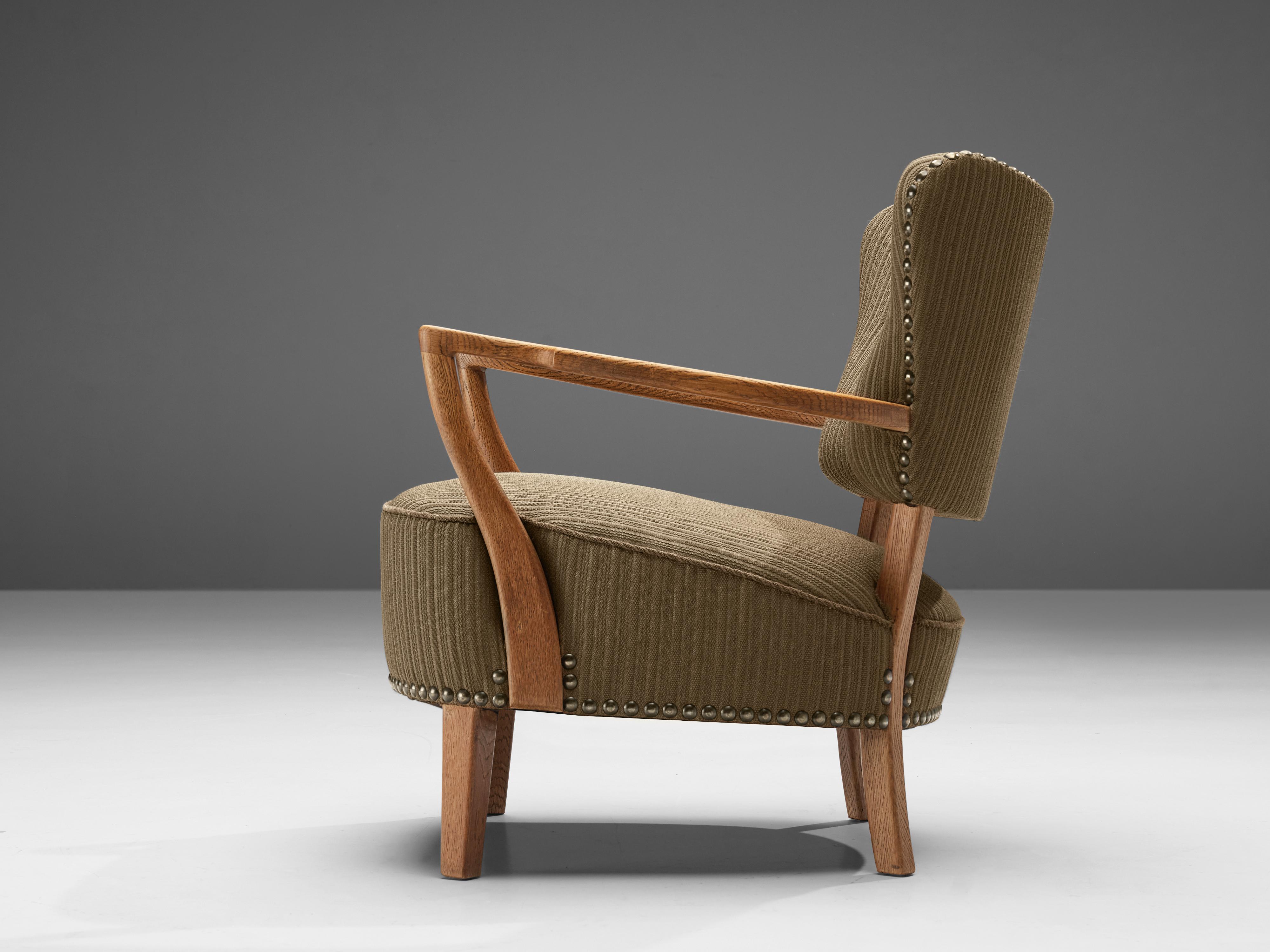 Metal Scandinavian Lounge Chair in Oak and Brown Upholstery