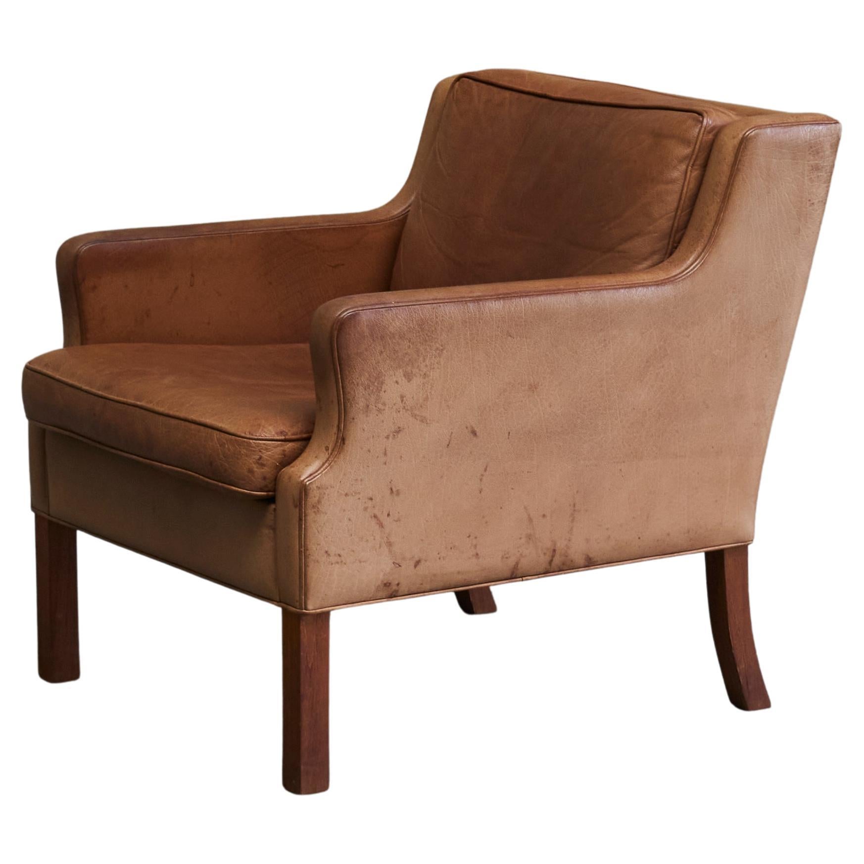 Scandinavian Lounge Chair in Patinated Cognac Leather 1970s