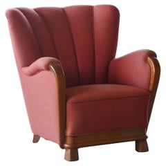 Skandinavischer Loungesessel aus Eiche mit Armlehne und Untergestell aus roter Wolle, 1940er Jahre