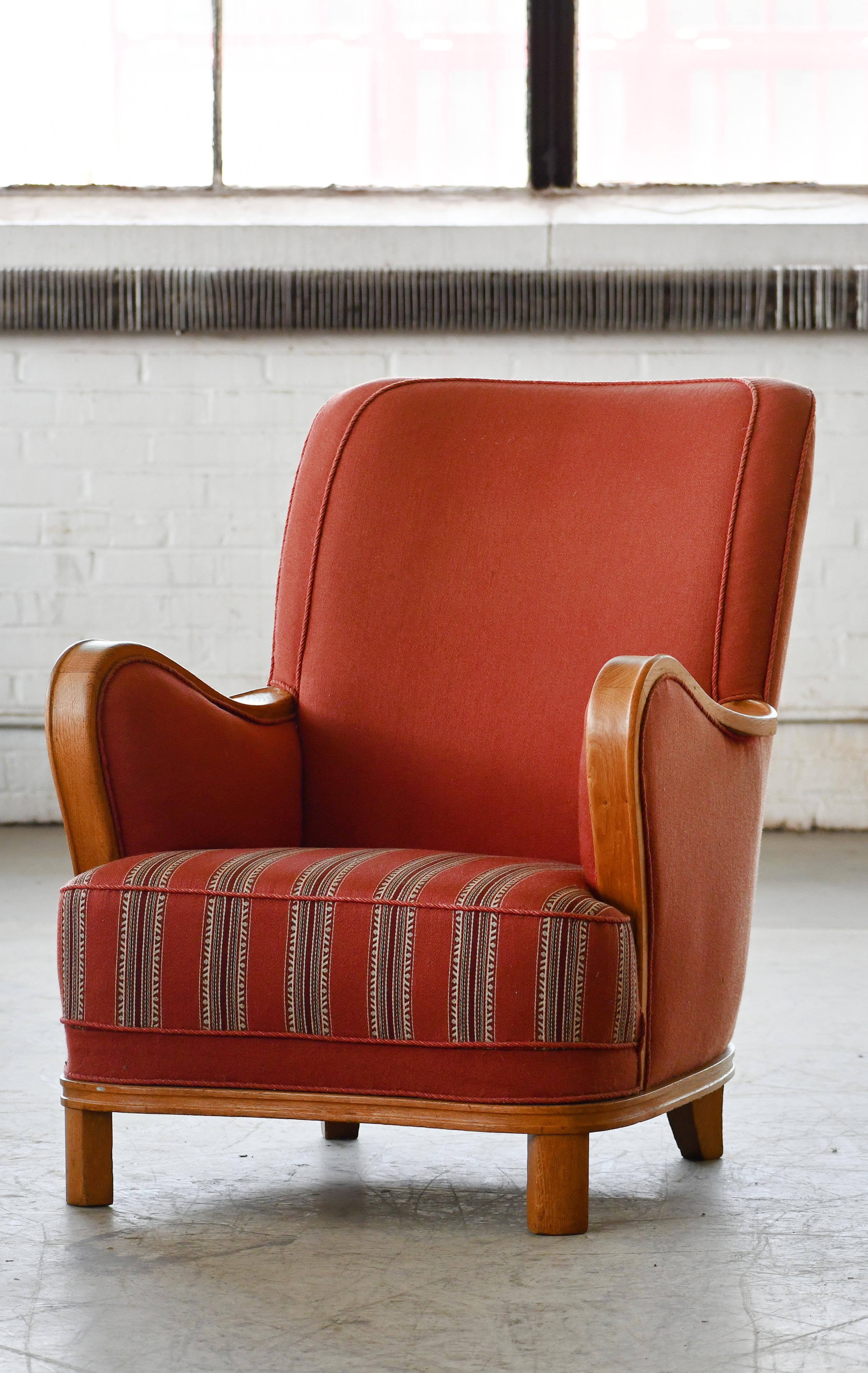 Danish Scandinavian Lounge Chair with Oak Armrest and Base Two-Tone Wool, 1940's For Sale