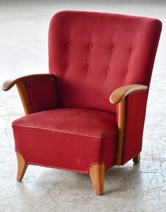 Scandinavian Lounge Chair with Oak Armrest Conical Legs Red Wool, 1940's