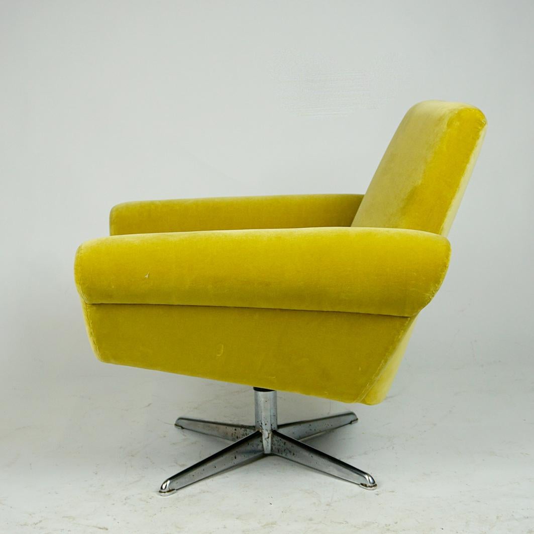 Scandinavian Lounge chair with swivel chrome base and yellow Velvet 5