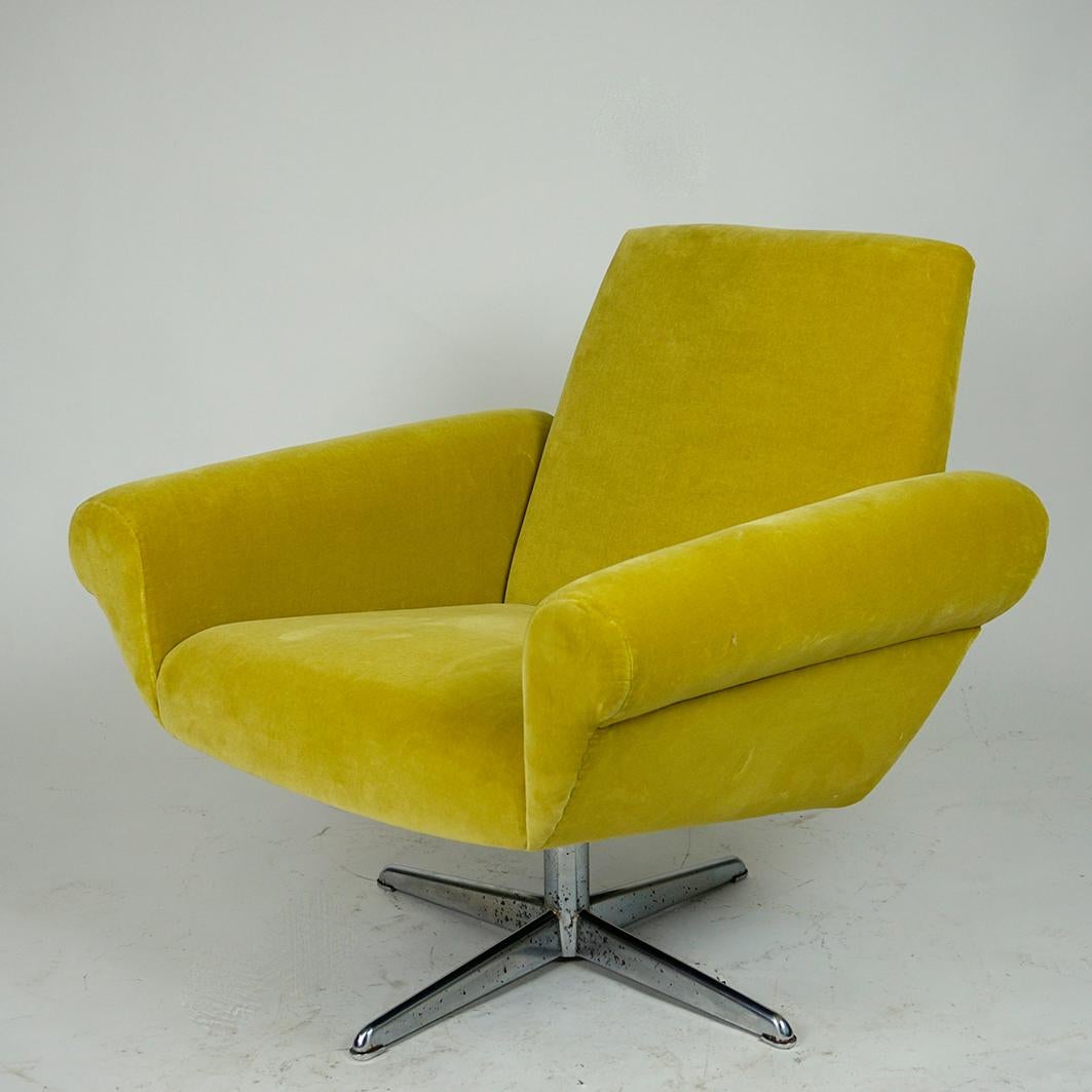 Scandinavian Lounge chair with swivel chrome base and yellow Velvet 6